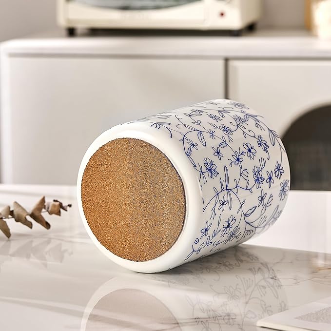 7.2'' Kitchen Utensil Holder – Farmhouse Ceramic Countertop Organizer with Cork Mat, Utensils Crock for Cooking Tools Spatula, Flowers, or Wine Chiller Kitchen Counter Deco (Blue and White)