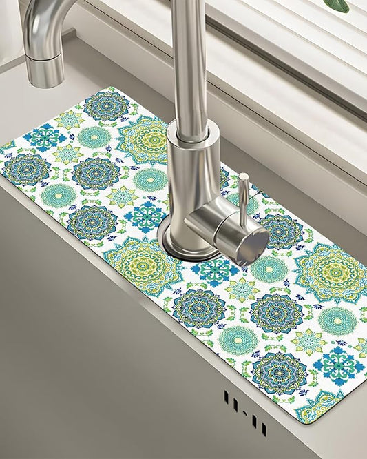 Patterned Sink Faucet Mat Kitchen Splash Guard Super Absorbent Drying Mat, Non-Slip Drain Pad for Kitchen Counter or Bathroom-15x5.5in