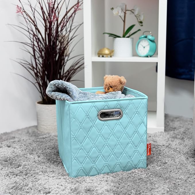 FH Group JIAessentials 13" Faux Leather Foldable Storage Cube Bins Set of 2 – Blue Diamond Patterned Organizers with Handles for Closet & Shelves