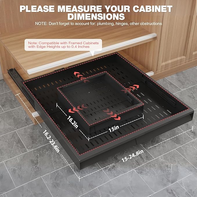 4 Pack Pull Out Cabinet Organizer Expandable Width (15"-24.8") & Depth (16.2"-23.6"), 3 Slide Rails Slide Out Drawers with Handle, Includes Raising Pad for Framed Cabinets, Black