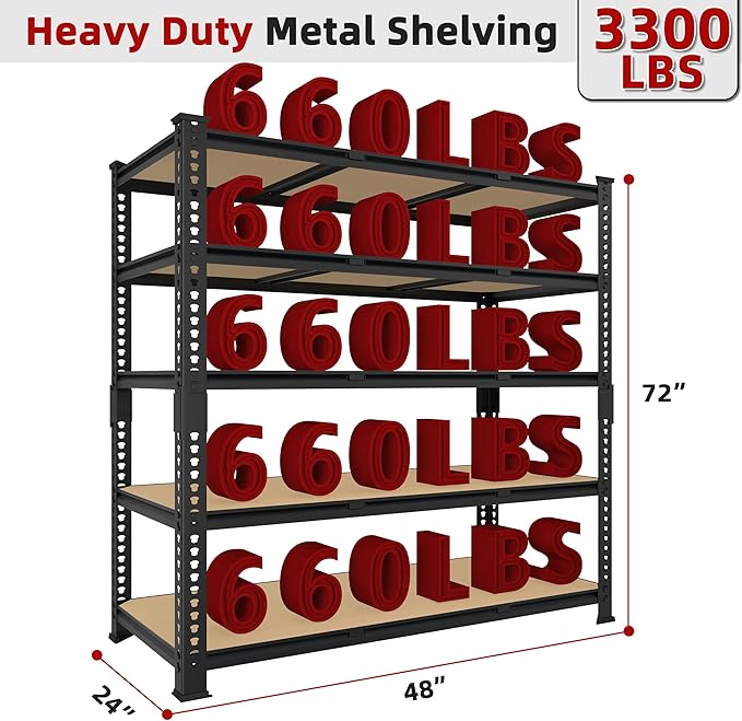 Heavy Duty Metal Storage Shelves - 48" W x 24" D x 72" H 5 Tier Adjustable Garage Shelving Unit, Industrial Utility Rack Shelf for Warehouse, Pantry, Kitchen, Black, 4 PCS