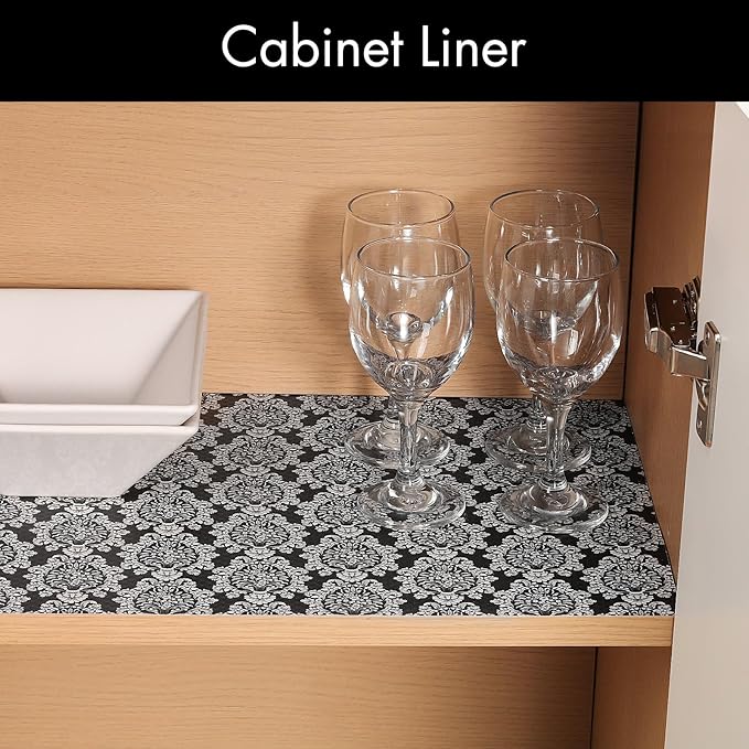 Cooyes Shelf and Drawer Liners for Kitchen Cabinets, Non-Adhesive Cabinet Liners, EVA Waterproof Durable Shelf Paper for Refrigerator, Shelves, Cupboard with European Pattern, Easy to Cut