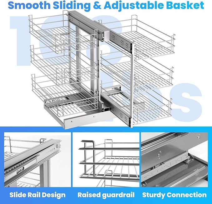 Min 17" W Opening Blind Corner Pull Out Organizer, 3 Tier 6 Shelf Kitchen Cabinet Organizer, Chrome Carbon Steel Storage Basket, Slide Out Storage Organizer, Left & Right Open Compatible
