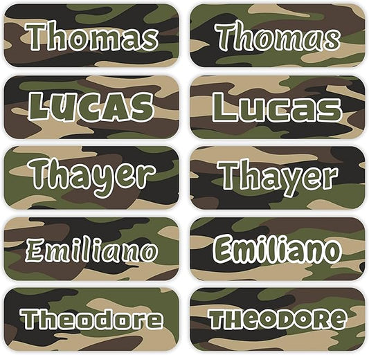 KYTRA Personalized Name Labels for Kids 120 Stickers for Daycare & School Supplies, Clothes, Toys, Lunchboxes and More - Waterproof, Laundry, Dishwasher & Microwave Safe, Made in USA (Woodland Camo)