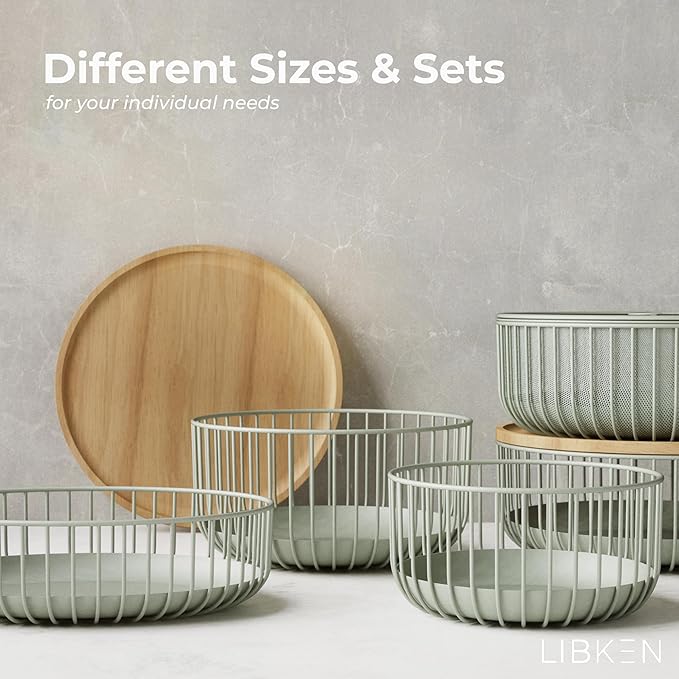 Fruit Basket with Wooden Bamboo Lid- Fruit Bowl For Kitchen Counter - Countertop Bin for Produce Fruits, Potato and Veggie - Metal Wire Baskets For Organizing - 11.4"x11.4"x4.5" - Green