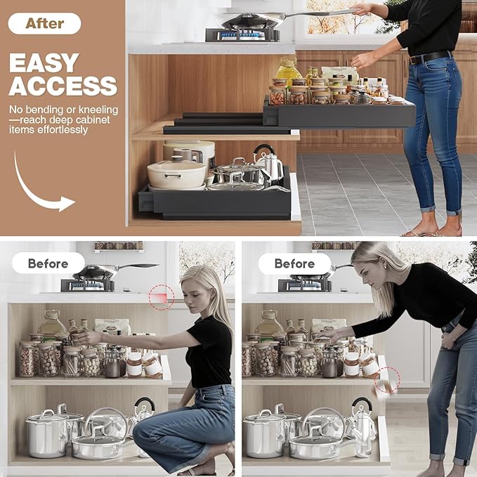 4 Pack Pull Out Cabinet Organizer Expandable Width (15"-24.8") & Depth (16.2"-23.6"), 3 Slide Rails Slide Out Drawers with Handle, Includes Raising Pad for Framed Cabinets, Black