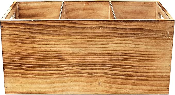 Wood Utensil Holder Organizer for Counter - Large Wooden Utensil Caddy for Countertop - 3 Compartment Cooking Tool Storage for Spatula - Farmhouse Kitchen Decor and Accessories