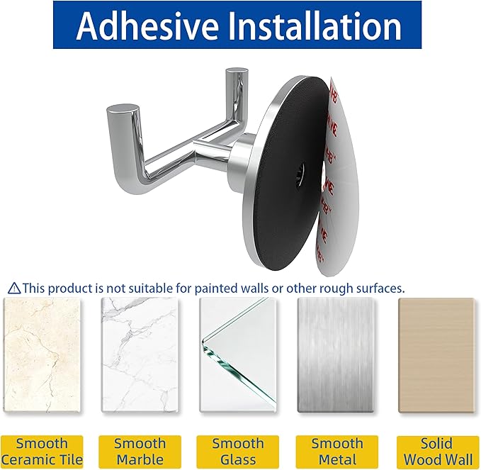 Ruacq Adhesive Double Towel Hook Chrome Round Base Bathroom Robe Self-Adhesive Towel Holder Hand Towel Hanger Stainless Steel and Zinc Alloy Modern Polished Chrome 2 Pack
