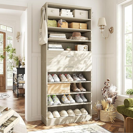Aheaplus Tall Shoe Cabinet, 10 Tiers Wood Shoe Rack, Vertical Shoe Storage Organizer with 2 Drawers, Narrow Shoe Shelf Tower for 24-28 Pairs, Space Saving, for Closet, Entryway, Bedroom, White Oak