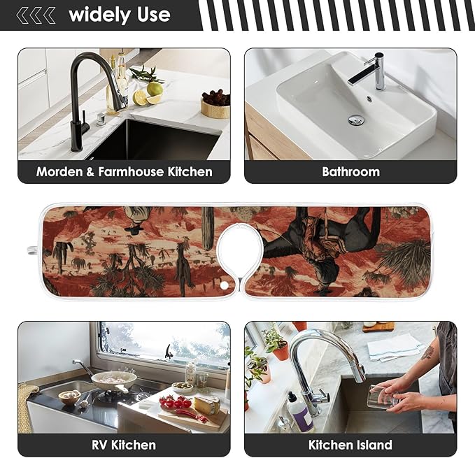 2 PCS Kitchen Sink Splash Guard 23.6 Inch Faucet Mat for Kitchen Sink Bathroom Sink Faucet Absorbing Drip Drain Mat Pad Microfiber Soft Washable Brown Red Cowboys Horses Cactus Desert