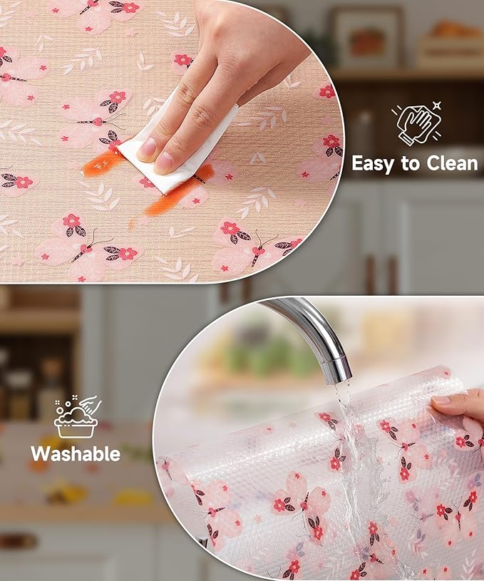 Reusable Non-Adhesive Drawer and Shelf Liner for Kitchen Cabinets - Waterproof Shelf Paper, Easy to Cut and Install - Suitable for Cabinets, Drawers, Shelves, and Desks(Pink Butterfly, 17.7"W x 197"L)