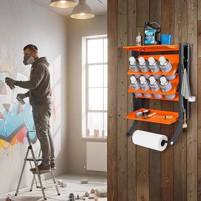 2-Tier Spray Paint Can Holder Rack Wall-Mount, Heavy Duty Spray Bottle Lube Can Organizer, 8 Can Storage Rack with Paper Towel Rod, Ideal for Garage/Workshop/Home,Orange