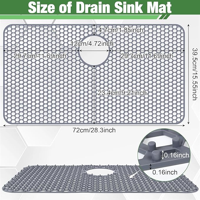 Inchoco Sink Protectors Mat - 28.3"x15.55" Kitchen Sink Pad for Bottom of Basin for Protection of Stainless Steel and Tableware, Farmhouse Rubber Basin Mat Protector with Rear Drain - Light Gray