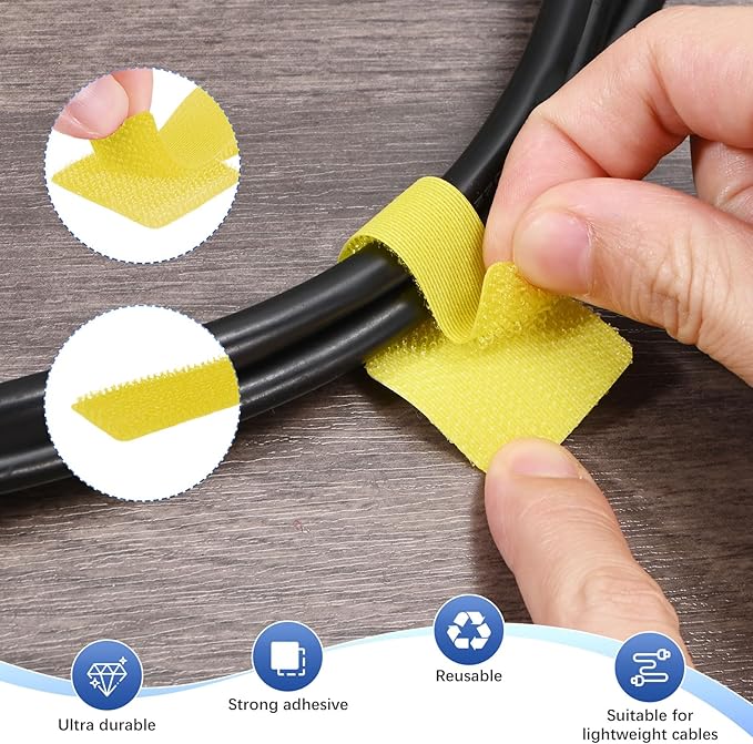 M METERXITY 100-Pack Hook and Loop Cable Ties, 3.5 x 1.1 Inch Adjustable Self-Adhesive Cord Organizer for Desk/Home/Wall/Office Essentials, Cable Management Under Desk [Yellow]