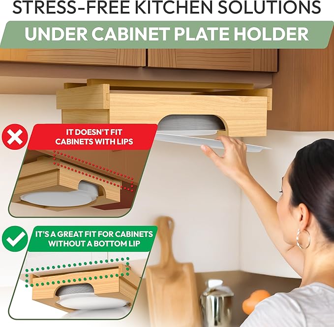 10 inch Paper Plate Dispenser Holder Bamboo Under Cabinet Vertical Rack for Kitchen Countertop Organizer Space Saver Shelf Lid Holder Counter Storage Can Dispenser Pantry Aid Caddy Estante