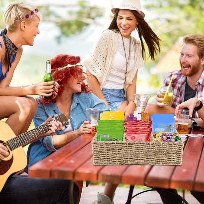 Snack Bar Station Organizer,Pantry Organizers and Storage Bins,Hand-Woven Snack Basket for Countertop with 6 Compartments,Snack Display Box for Candy,Drink Packet,Chips,Spice Organizer