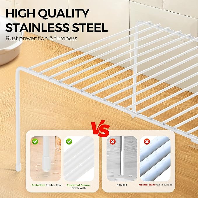 Ravinte 2 Pack Freezer Shelf Organizer, Expandable Cabinet Storage Shelf with Rustproof Metal Wire, Adjustable Kitchen Cabinet Organizer Spice Rack for Frige, Pantry, Cupboard, Countertop - White