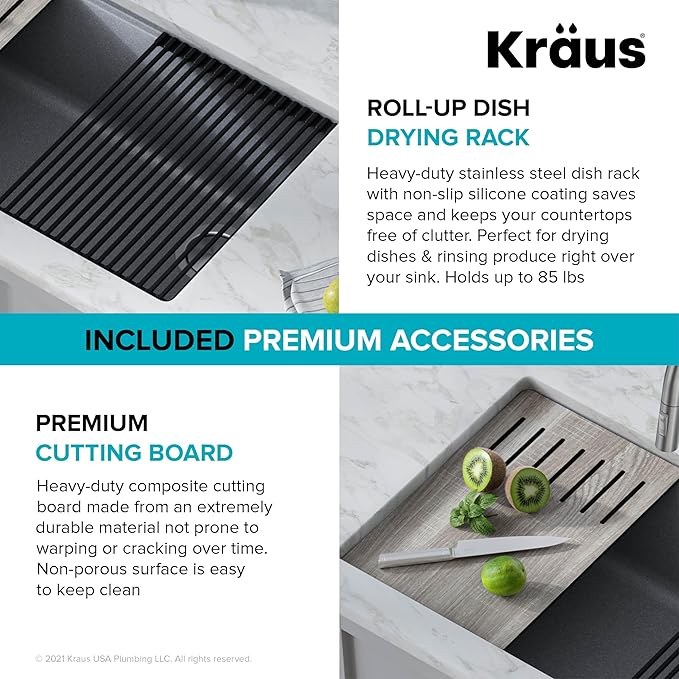 KRAUS Kitchen Sink Bellucci 32” Undermount Workstation Granite, Metallic Gray, Accessories, KGUW2-33MGR