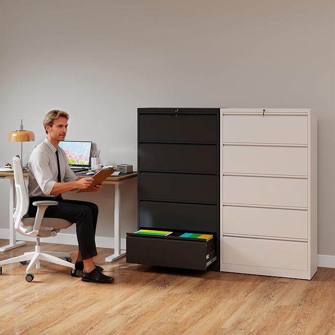 5 Drawer File Cabinet with Lock, Lateral Filing Cabinets,Metal Storage Filing Cabinets for Home Office, Heavy Duty File Cabinet for Letter/Legal/A4/F4 Size Amsseble Required, White