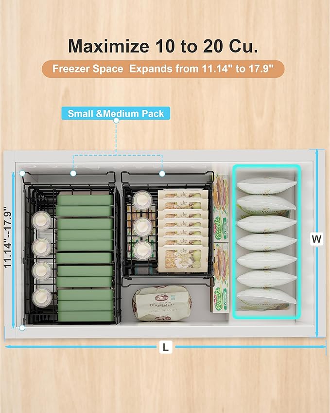 UMDONX 4-Pack Expandable Stackable Chest Freezer Organizer Bins - Large, Adjustable from 11.4" to 17.9", Fits 10-20 Cu. Ft. Freezers, Black