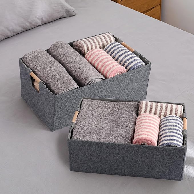 Fabric Storage Bin Box Foldable Collapsible Storage Basket with Wooden Handles Rectangular Cube Decorative Home Nursery Organizer Clothes Blanket Container – Grey, Medium
