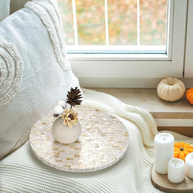 Mother of Pearl Lazy Susan for Table Turntable Organizer Wood Round Spinning Tray Rotating for Kitchen Cabinet Counter Spice Pantry 12 Inch (Marble Pattern)