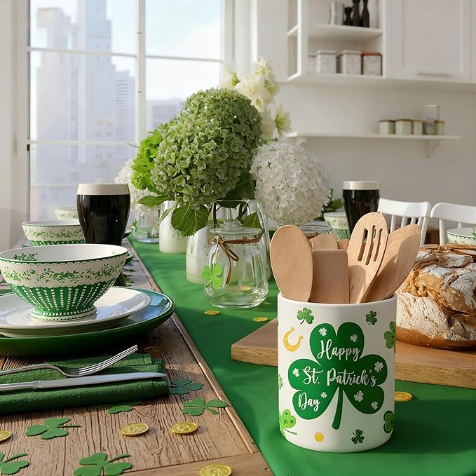 Qinyoung 6.3'' St. Patrick's Day Ceramic Utensil Holder Kitchen Decoration Irish Shamrock Decoration Spring St. Patrick's Green Utensil Holder Shamrock Utensils Crock for Farmhouse Indoor Kitchen Gift