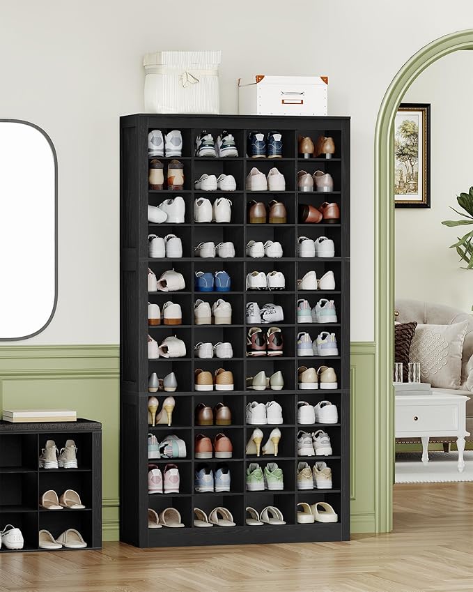 Shoe Storage Cabinet, 48 Pairs Free Standing Closet Organizer, 9 inch Widened Cell Wood Shoe Organizer, 12 Tiers Vertical Space Saving Shoe Rack for Entryway, Cloakroom, Black SR39604X