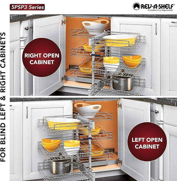 Rev-A-Shelf 3 Tier Pullout Shelf Organizer for Blind Corner Kitchen/Bathroom Cabinets with Soft-Close, 45" Adjustable Shelves, Chrome, 5PSP3-15SC-CR