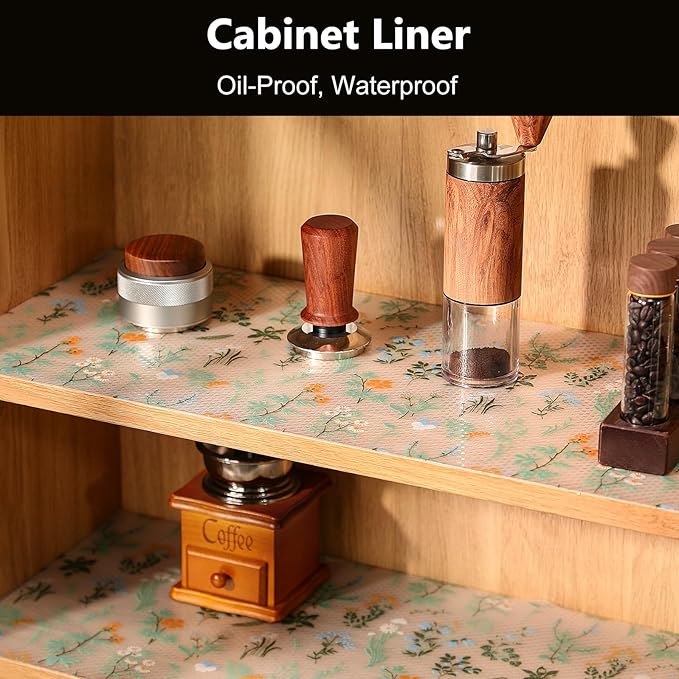 INNOLITES Shelf Liners for Kitchen Cabinets – Drawer Liner Waterproof & Oil-Proof, Non-Adhesive EVA with Floral Pattern – Durable Washable, Easy to Cut (Sage Green, 23.6" x 118")