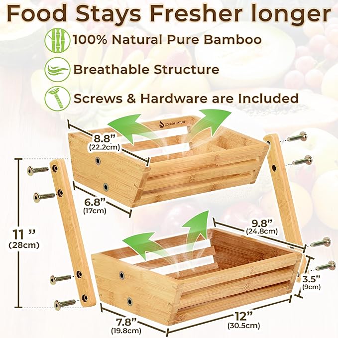 Fruit Basket - 2-Tier Bamboo Fruit & Vegetable Storage Organizer for Kitchen Counter - Gift Box Included - Lightweight & Easy Assembly - Countertop Stand Holder Bowl
