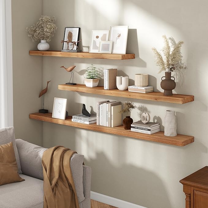 Fun Memories 55 Inch Floating Shelves for Wall, Solid Elm Wood Wall Shelf for Home Decor, Heavy-Duty Hardwood Floating Shelf for Bedroom, Bathroom, Living Room, Set of 1