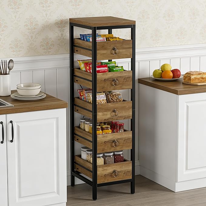 Kitchen Fruit Vegetable Storage Rack, 5-Tier Narrow Snack Fruit Display Stand with 5 Pull-Out Drawers Basket, Utility Organizer Standing Shelf for Kitchen Living Room Bathroom Supermarket, Brown