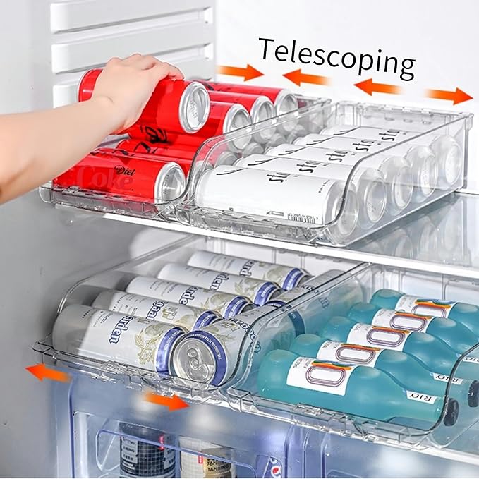 BIINONE Adjustable Soda Can Dispenser for Refrigerator –Expandable Width PET Drink Organizer, Stackable Space-Saving Fridge Organizer for Cans & Bottles – 2 Pack