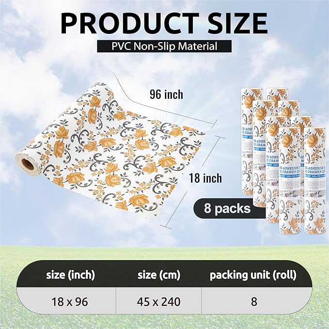 FIFTY FEET 18X96 Inch Shelf Liner for Kitchen Cabinets, PVC Drawer Liner for Dresser Non-Slip Bathroom, Non-Adhesive Cabinet Liner Washable (Yellow Floral)(8 Roll)