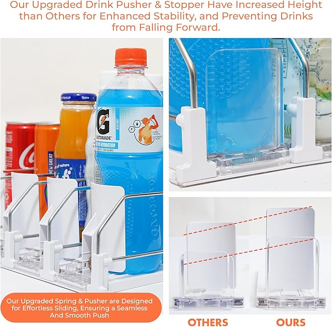 Fridge Organizer for Drinks, Upgraded Design of Fridge Can Organizer with Larger Stopper Height. Width Adjustable Automatic Can Holders for Fridge with Lock. Holds 10 Cans (2 Rows, White)