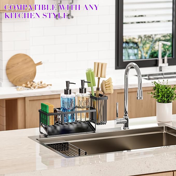 MASADI Kitchen Dish Soap Dispenser Set with Sponge Holder, 12OZ Glass Bottle, Hand and Dish Soap Dispenser Set, Non-Slip Silicone Pad, Brush Holder, Kitchen Sink Organizer Countertop (Black+Clear)
