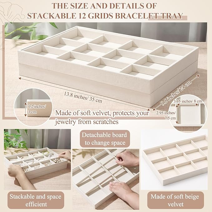 4 Pcs Stackable 12 Grids Jewelry Organizer Tray Velvet bracelet holder Tray Stackable jewelry Organizer Trays for Drawer bracelet display for Selling Bangle Necklace Earring Ring Showcase
