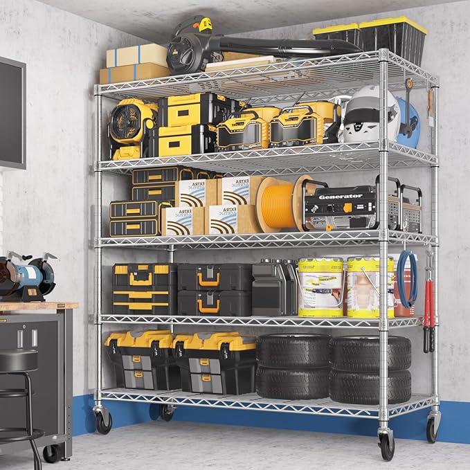 PrimeZone 5 Tier 48" Wx24''Dx81''H Wire Shelving with Wheels 3000lbs NSF Certified Storage Shelves Heavy Duty Metal Shelf Adjustable Rolling Rack Commercial Garage Restaurant Warehouse Chrome 3Pack