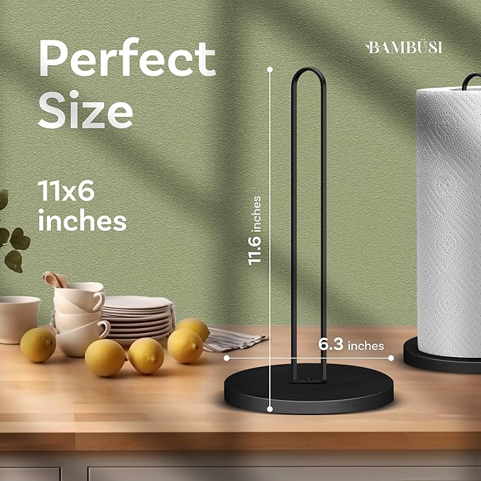 Bambusi Paper Towel Holder Countertop - Wood Stainless Steel Freestanding Kitchen Paper Towel Holder with Non-Slip Base, Wooden Standing Paper Roll Holder for Kitchen, Bathroom, Black