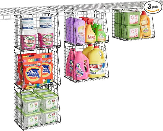 3-Pack Extra-Tall 13.6'' Hanging Laundry Basket Organizer, Foldable Wire Shelf with 360° Rotating Hooks & Reinforced Height - Durable Space-Saving Laundry Room & Closet Organizer, Black Patent