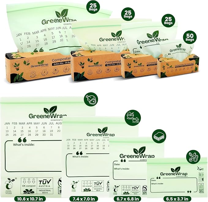 GreeneWrap Compostable Gallon Size Zip Bags 25 Count Extra Thick 2 mil Resealable, Leak-Proof, Freezer Safe Disposable Food Storage Bags, BPI and OK Compost Home Certified, ASTM D6400