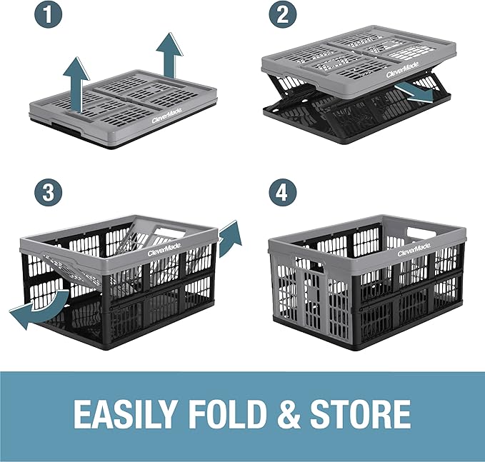 CleverMade Collapsible Utility Crates - Stone 3 Pack 45L / 11 Gal Holds 66 lbs - Stackable Containers Heavy Duty Capacity Crates-Space-Saving Baskets