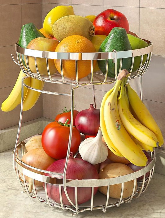 2 Tier Fruit Basket for Kitchen Counter with 2 Banana Hangers, 2025 Pro Detachable Metal Fruit Bowl with Wooden Handle,Fruit Holder for Bread Snack Veggies, Silvery Extra Large