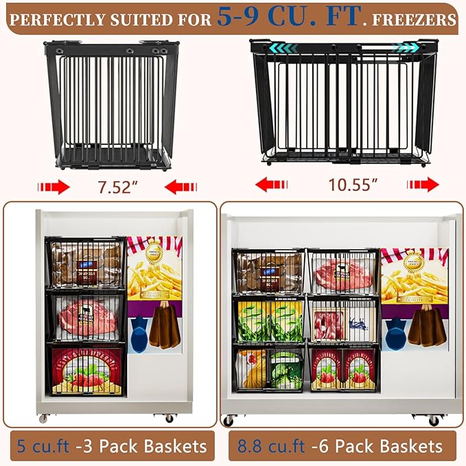 Large Freezer Organizer Bins，Upgraded Bottom Leak-Proof net，Fit 5 to 9 Cu Ft Chest Freezer，3 Pack， Expandable Stackable Chest Freezer Containers with Handle (3Pack)