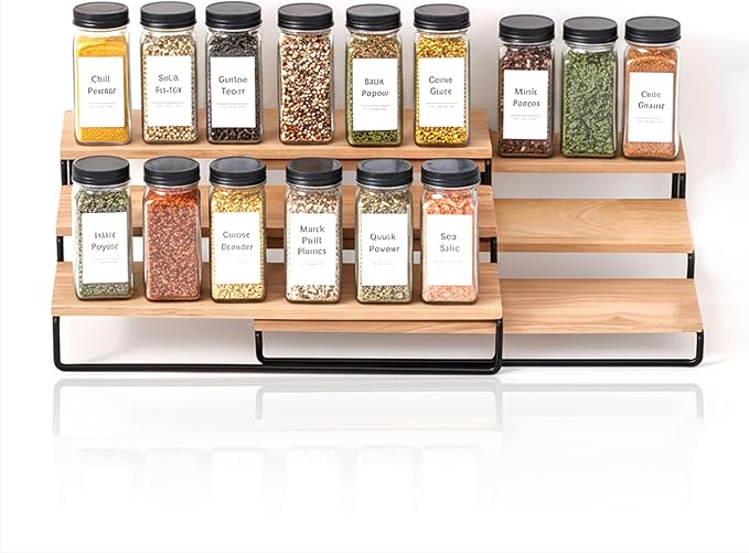 Tiered Spice Rack Organizer – Wood & Metal Countertop & Cabinet Spice Stand, Strong & Sturdy 3-Tier Shelf for Kitchen, Pantry, Seasoning Bottles – Minimal Scandinavian Design - Wood Brown