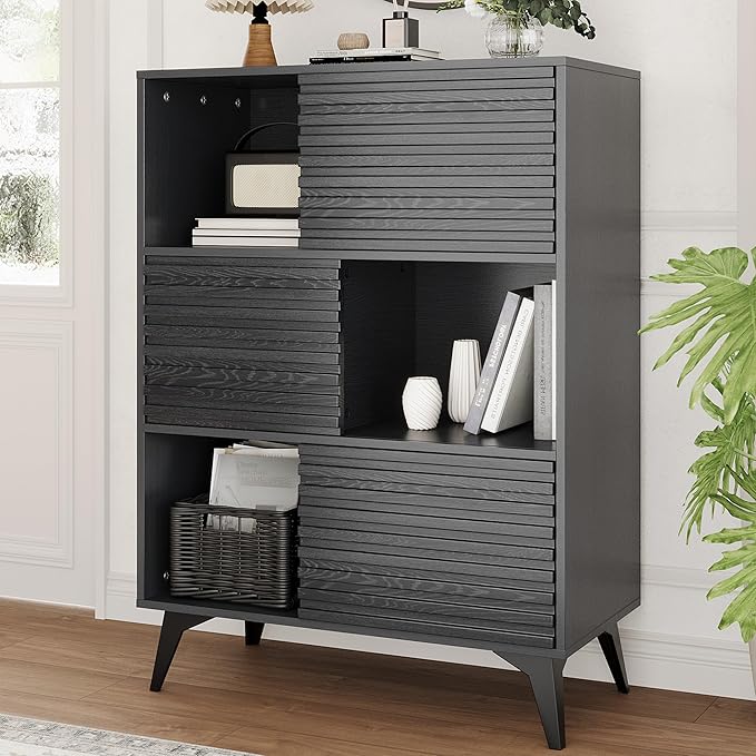 IDEALHOUSE Fluted Cabinet with Sliding Doors, Modern Wooden Storage Cabinet with Metal Base, 31 Inch Sideboard Cabinet with Storage for Dining Room,Living Room, Entryway
