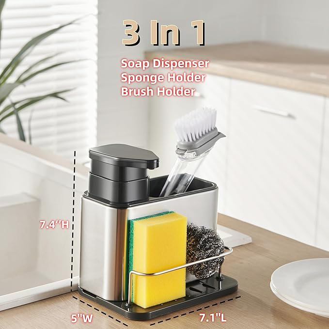 Soap Dispenser for Kitchen & Bathroom Sink,3-in-1 Sponge Holder for Kitchen, Organizer Dish Soap Dispenser,Sink Caddy,Stainless Steel Dish Brush Scrubber with Sponge Holder