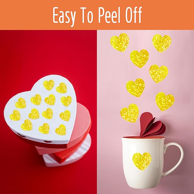 500 PCS Gold Glitter Heart Stickers - Golden Metallic Sparkling Self Adhesive Waterproof Reflective Heart Stickers for Love Decorative Labels - Wedding, Valentine's Day Supplies (1' Each)