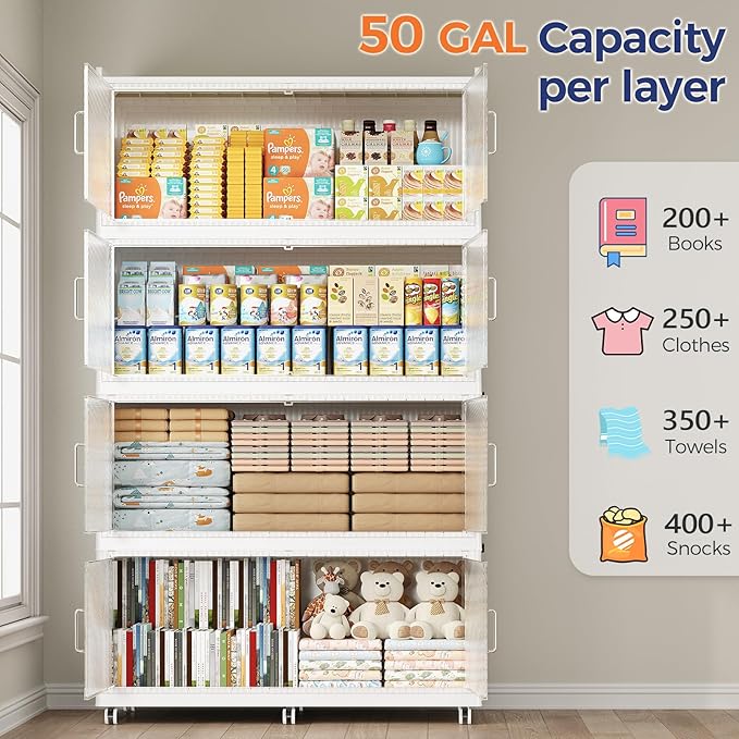 QAVABIN 200GAL Extra Large Storage Bins with Lid, 800QT Collapsible Organizer with Wheels, Stackable Closet Cabinet with Doors, Folding Storage Containers for Home, Office, Kitchen, 4Pack White